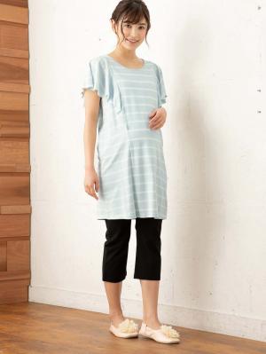 マタニティ パジャマ・ルームウェア|【授乳口付】バタフライスリーブ＆産後も使えるクロップドパンツパジャマ|サックス×オフ