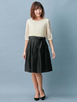 マタニティ ワンピース|レース&シャンタンワンピース マタニティ・授乳服【出産後も長く使える】|オフ×ブラック