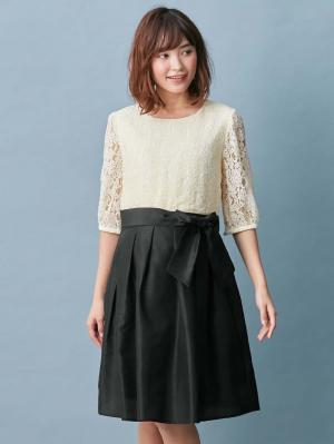 マタニティ ワンピース|レース&シャンタンワンピース マタニティ・授乳服【出産後も長く使える】|オフ×ブラック