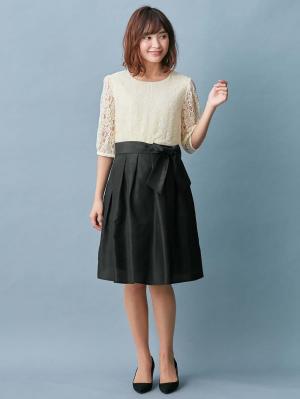 マタニティ ワンピース|レース&シャンタンワンピース マタニティ・授乳服【出産後も長く使える】|オフ×ブラック