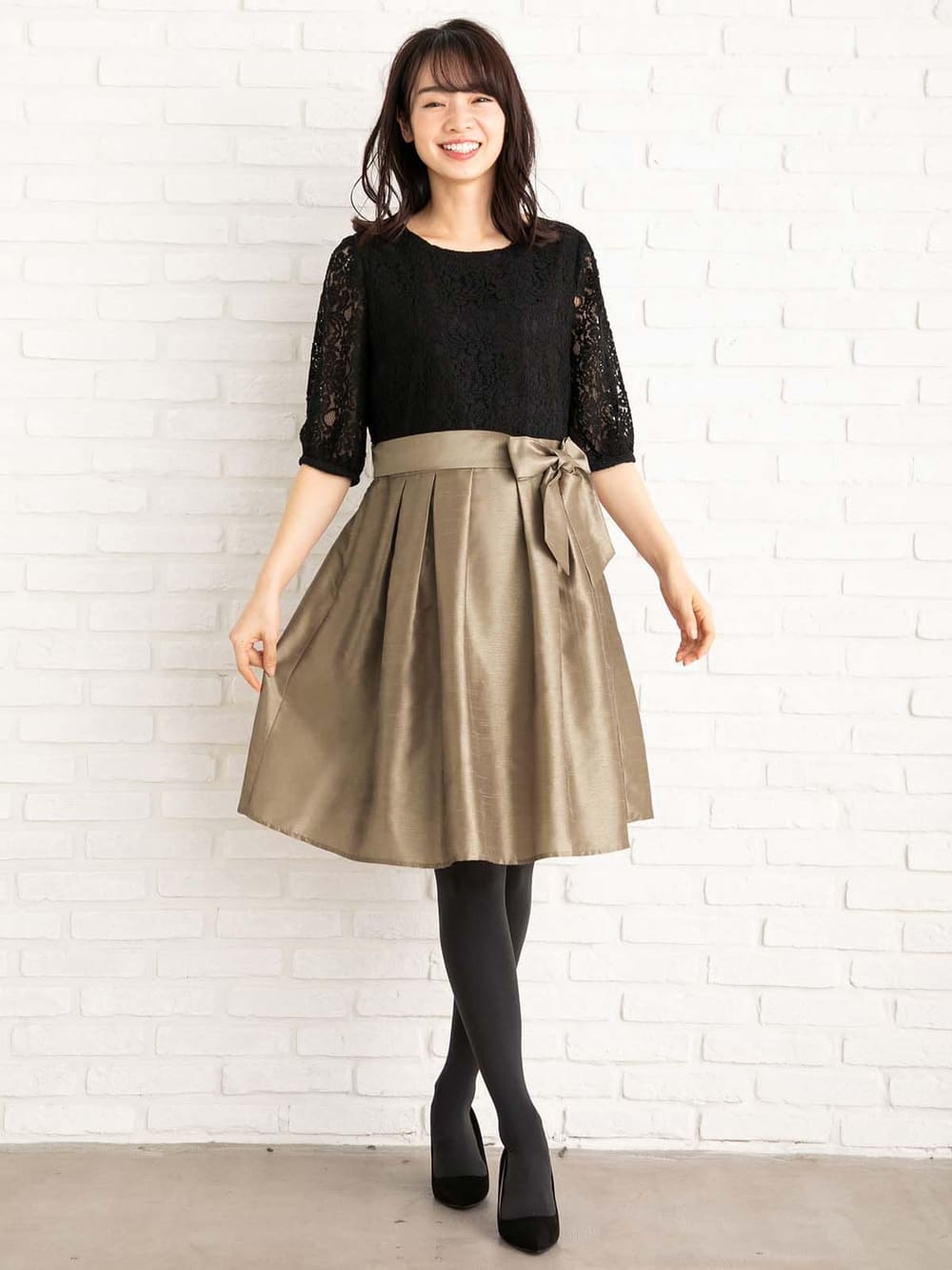 マタニティ ワンピース|レース&シャンタンワンピース マタニティ・授乳服【出産後も長く使える】|ブラック×シャンパンベージュ