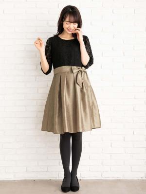 マタニティ ワンピース|レース&シャンタンワンピース マタニティ・授乳服【出産後も長く使える】|ブラック×シャンパンベージュ