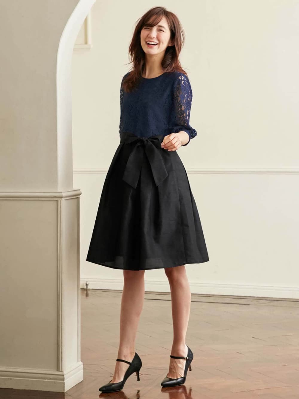 マタニティ ワンピース|レース&シャンタンワンピース マタニティ・授乳服【出産後も長く使える】|ネイビー×ブラック