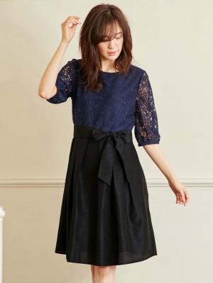 マタニティ ワンピース|レース&シャンタンワンピース マタニティ・授乳服【出産後も長く使える】|ネイビー×ブラック