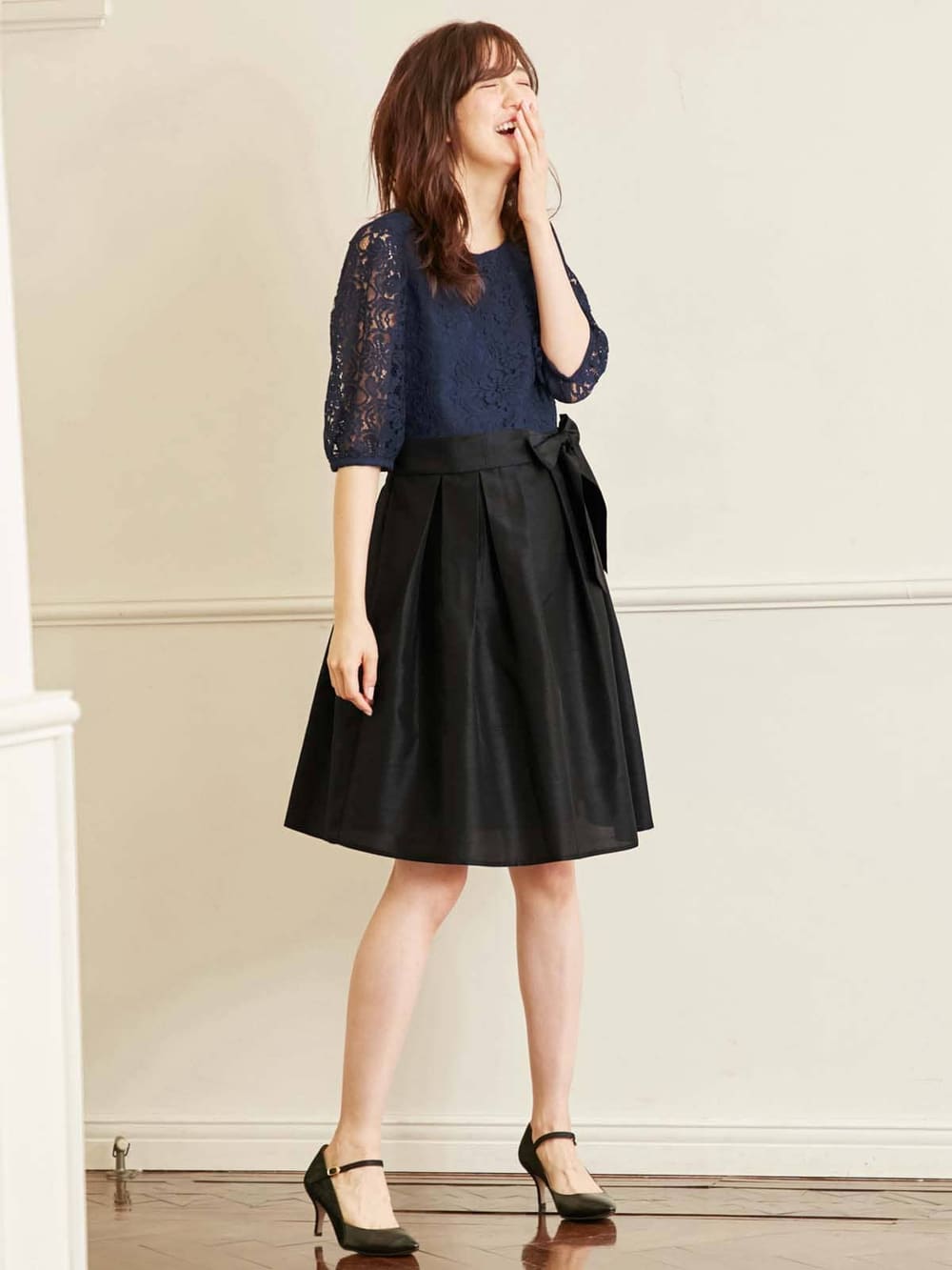 マタニティ ワンピース|レース&シャンタンワンピース マタニティ・授乳服【出産後も長く使える】|ネイビー×ブラック