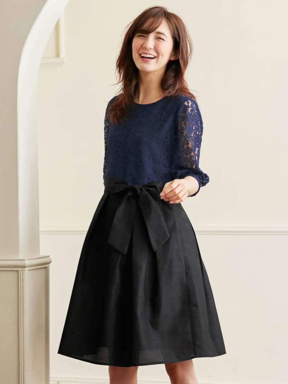 マタニティ ワンピース|レース&シャンタンワンピース マタニティ・授乳服【出産後も長く使える】|ネイビー×ブラック