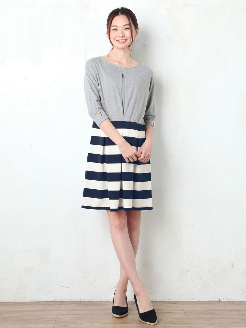 マタニティ ワンピース Love Mic 授乳口付 スムース リップルボーダードルマンワンピース マタニティウェア 授乳服通販 エンジェリーベ 公式