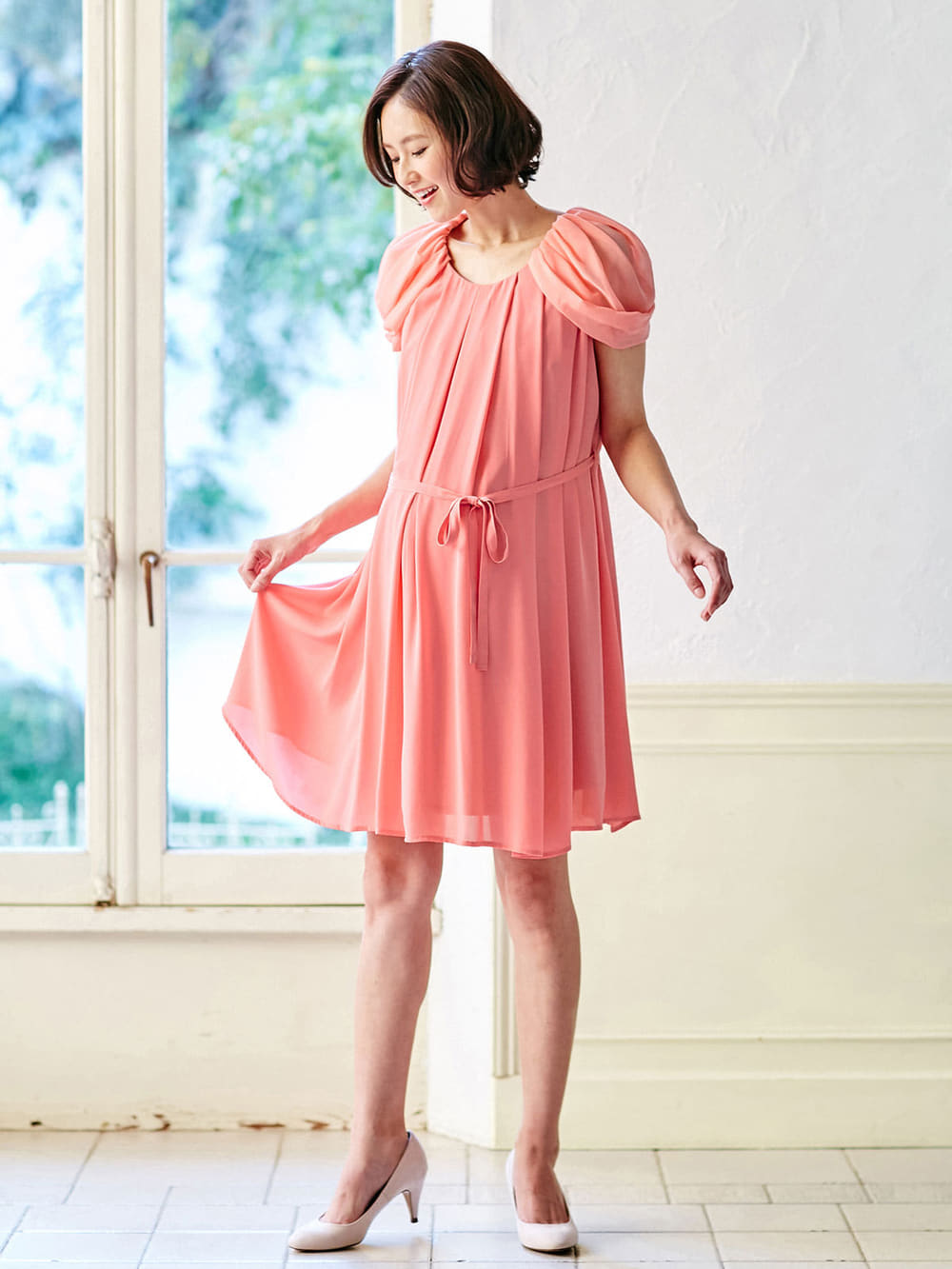 株主優待カテゴリー|LOVE MIC（ラブミック）ジョーゼット2WAYタックワンピース　マタニティ・授乳服|ピンク