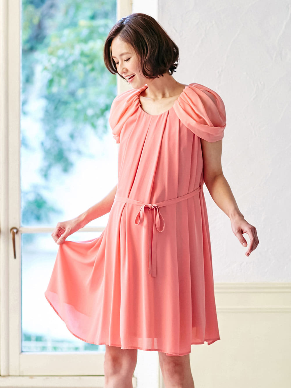 株主優待カテゴリー|LOVE MIC（ラブミック）ジョーゼット2WAYタックワンピース　マタニティ・授乳服|ピンク