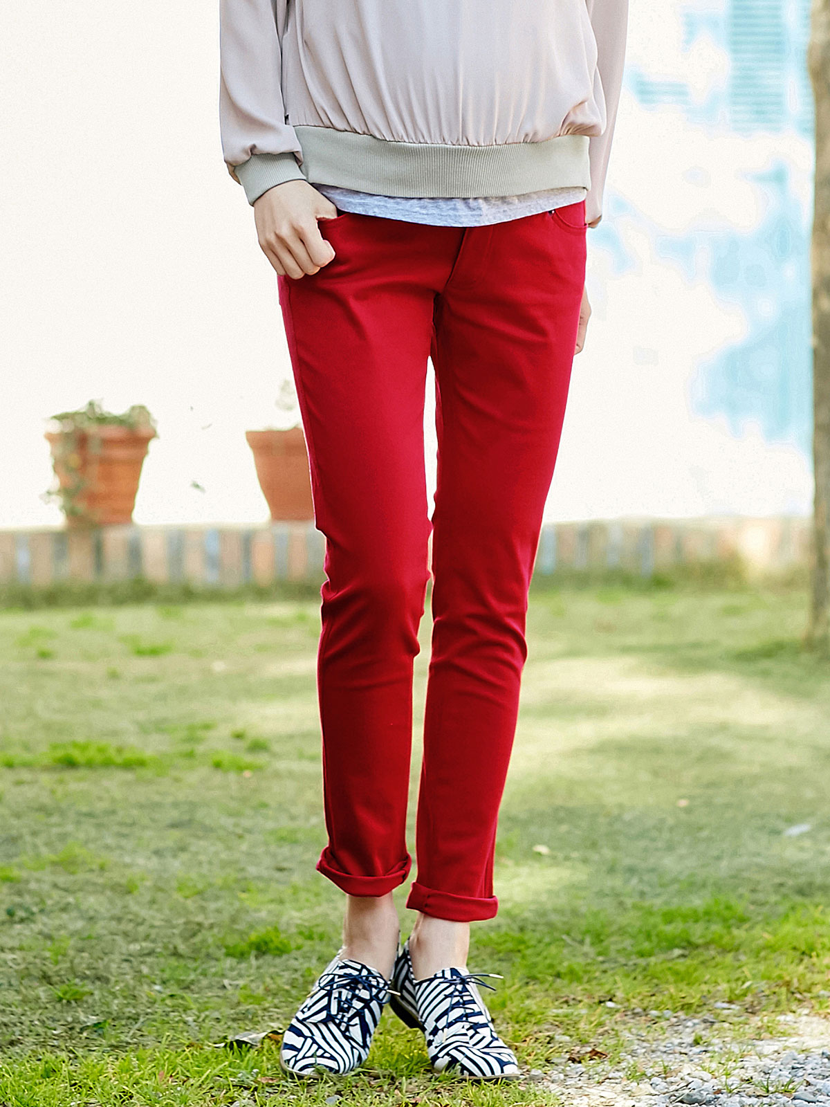 マタニティ パンツ|P・パンツ　ストレッチカラーチノスキニー|レッド