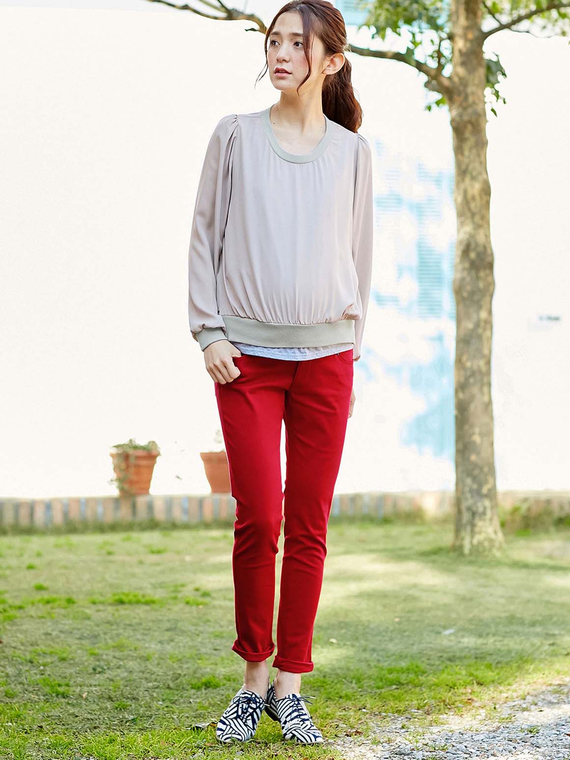 マタニティ パンツ|P・パンツ　ストレッチカラーチノスキニー|レッド