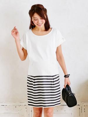 マタニティ ワンピース|LOVE MIC（ラブミック）ポンチ×インレイボーダー コクーンワンピース　マタニティ・授乳服【出産後も長く使える】