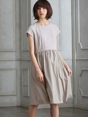 マタニティ ワンピース|異素材切り替えギャザーワンピース　マタニティ・授乳服【出産後も長く使える】|ペールグレー