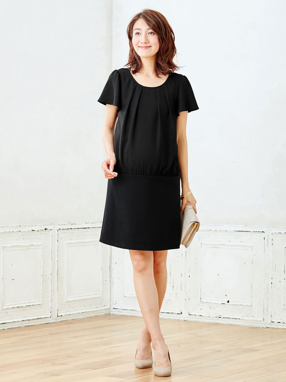 マタニティ ワンピース|LOVE MIC（ラブミック）エステルジョーゼットリップル切り替えワンピース　マタニティ・授乳服【出産後も長く使える】|ブラック