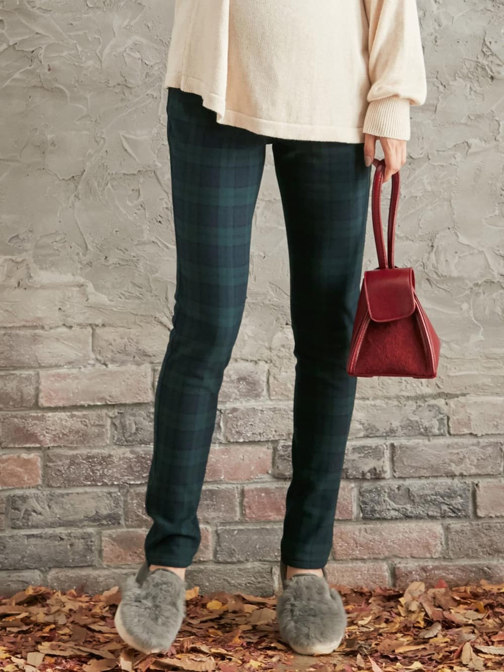 マタニティ パンツ|【産前産後対応】【あったか】裏フェルトタッチ起毛スキニーパンツ【出産後も長く使える】|ブラックウォッチ