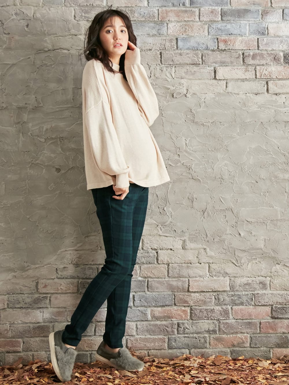 マタニティ パンツ|【産前産後対応】【あったか】裏フェルトタッチ起毛スキニーパンツ【出産後も長く使える】|ブラックウォッチ