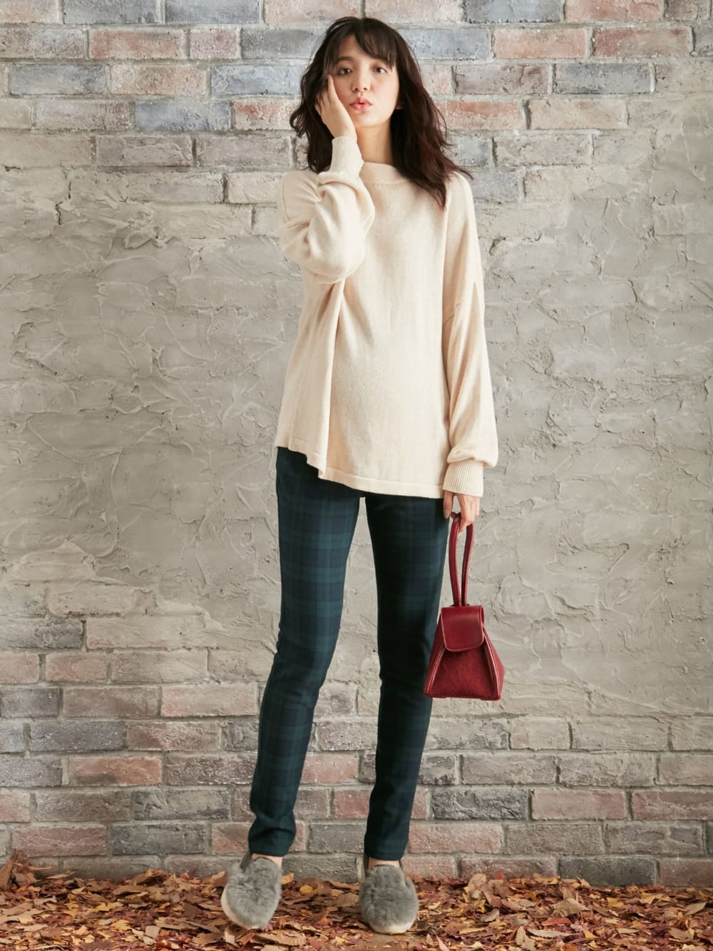 マタニティ パンツ|【産前産後対応】【あったか】裏フェルトタッチ起毛スキニーパンツ【出産後も長く使える】|ブラックウォッチ