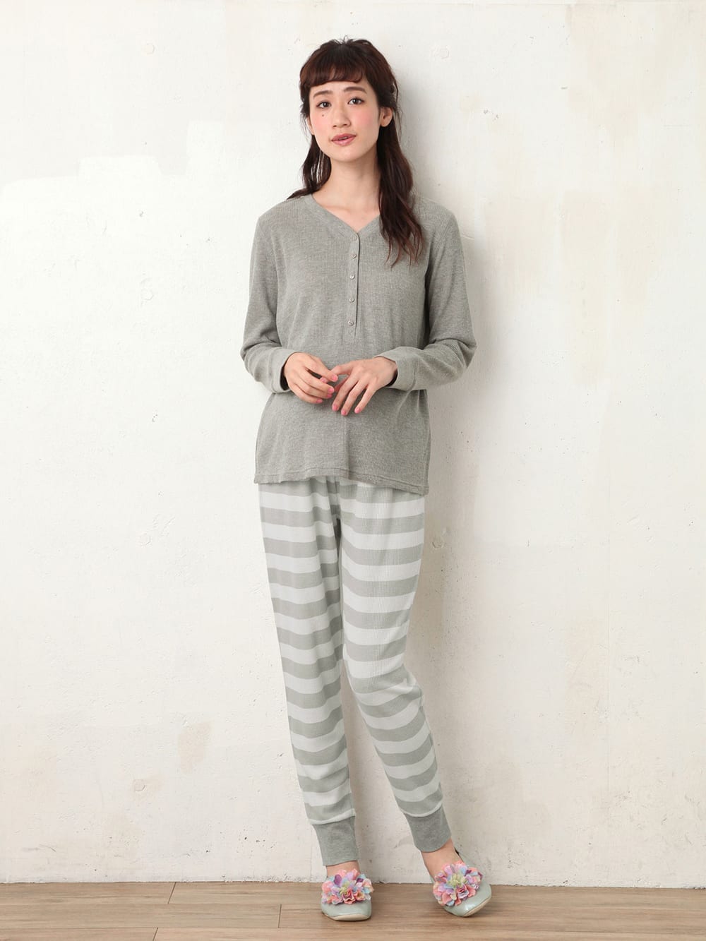 マタニティ パジャマ・ルームウェア|【授乳口付】サーマルプリントパジャマ|杢グレー