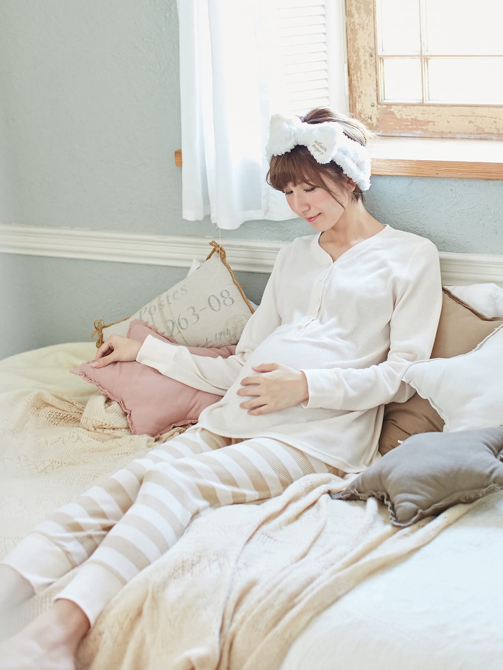 マタニティ パジャマ・ルームウェア|【授乳口付】サーマルプリントパジャマ|アイボリー