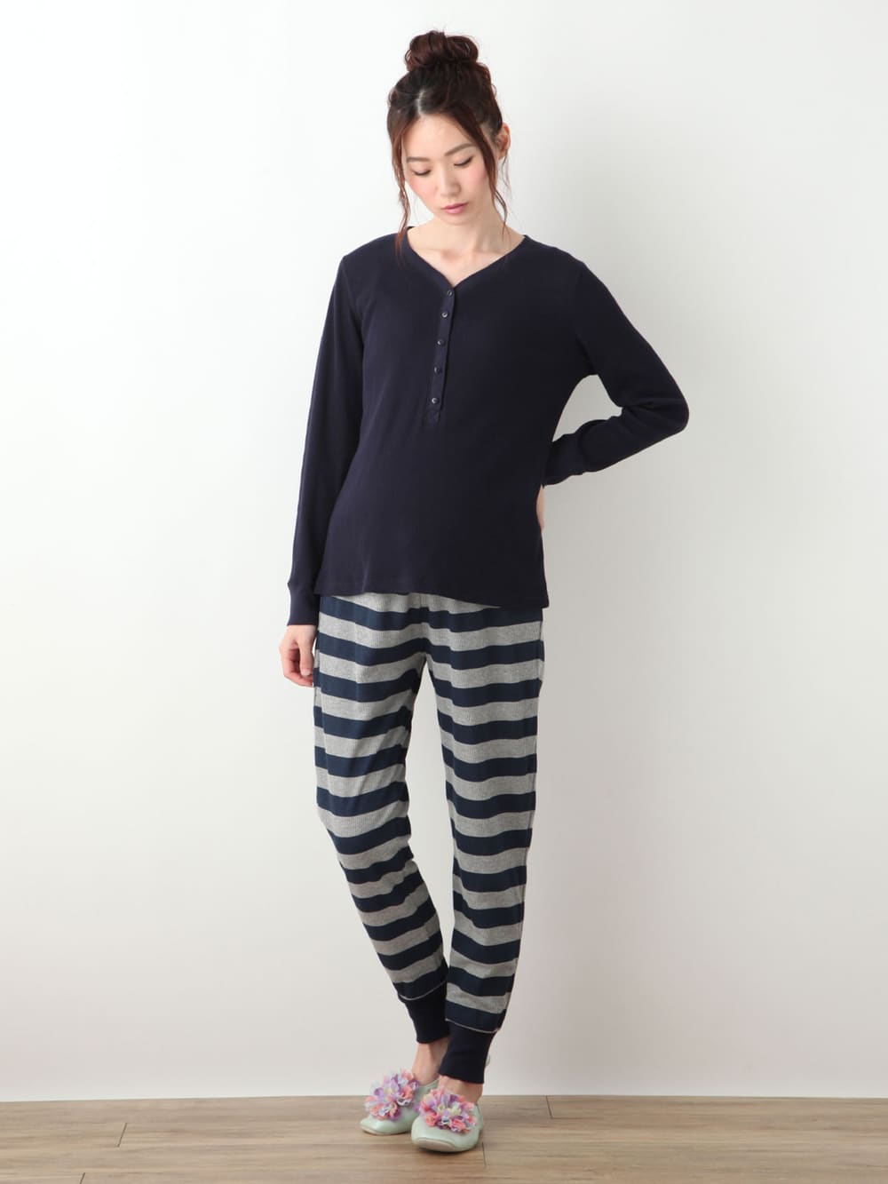 マタニティ パジャマ・ルームウェア|【授乳口付】サーマルプリントパジャマ|ネイビー
