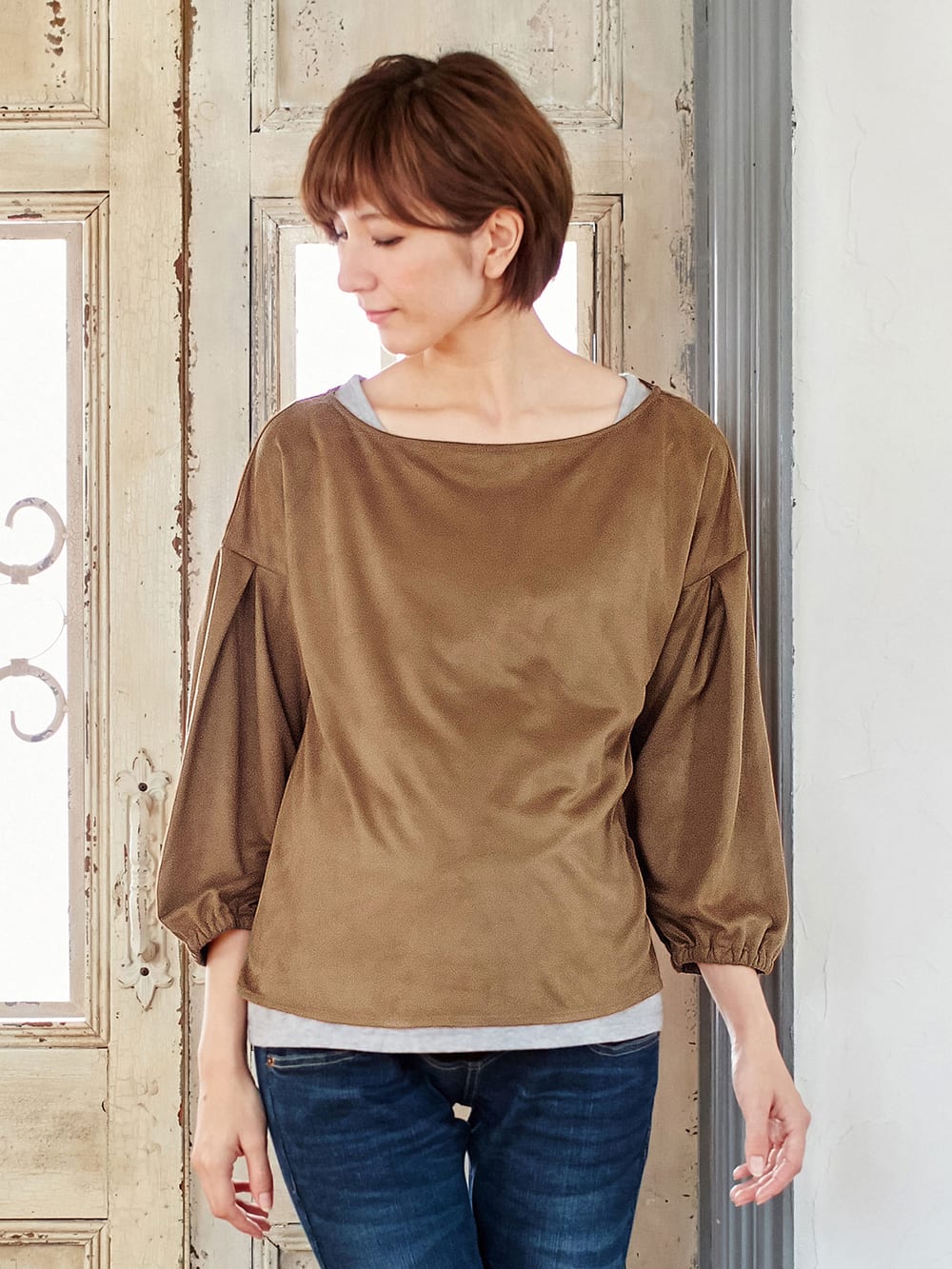 アウトレット|ストレッチスウェードワイドスリーブプルオーバー　マタニティ・授乳服【出産後も長く使える】