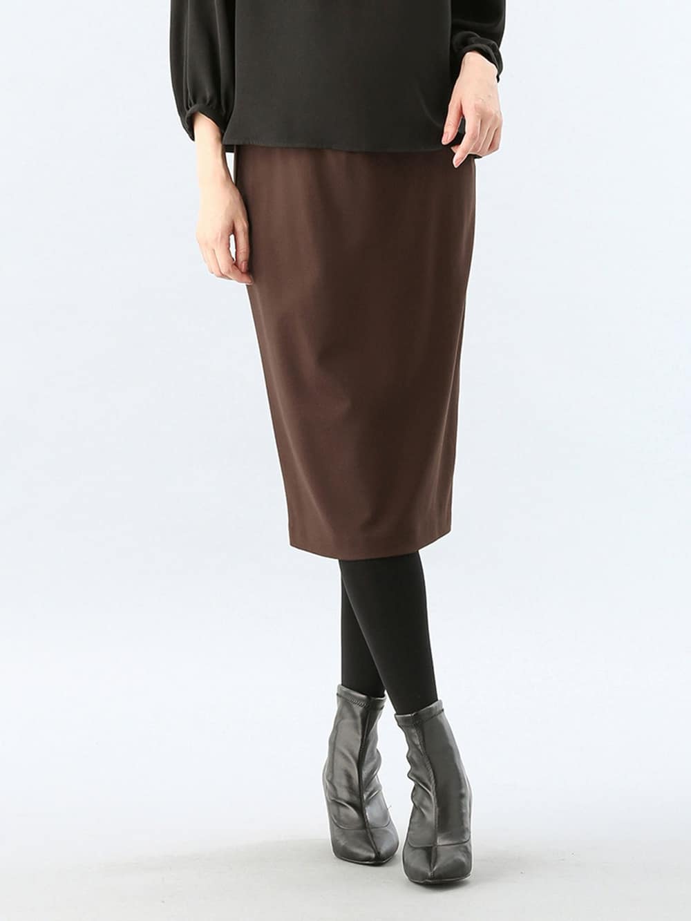 マタニティ スカート|【産前産後対応】フィットタイトスカート(選べるレングス）【出産後も長く使える】|ブラウン(ミモレ丈)