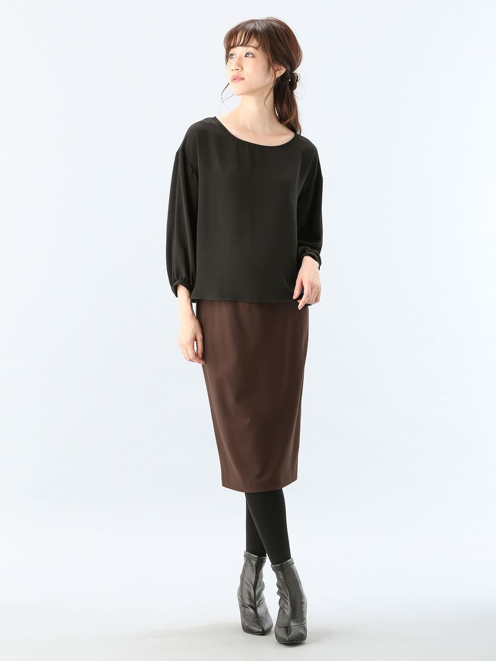 マタニティ スカート|【産前産後対応】フィットタイトスカート(選べるレングス）【出産後も長く使える】|ブラウン(ミモレ丈)