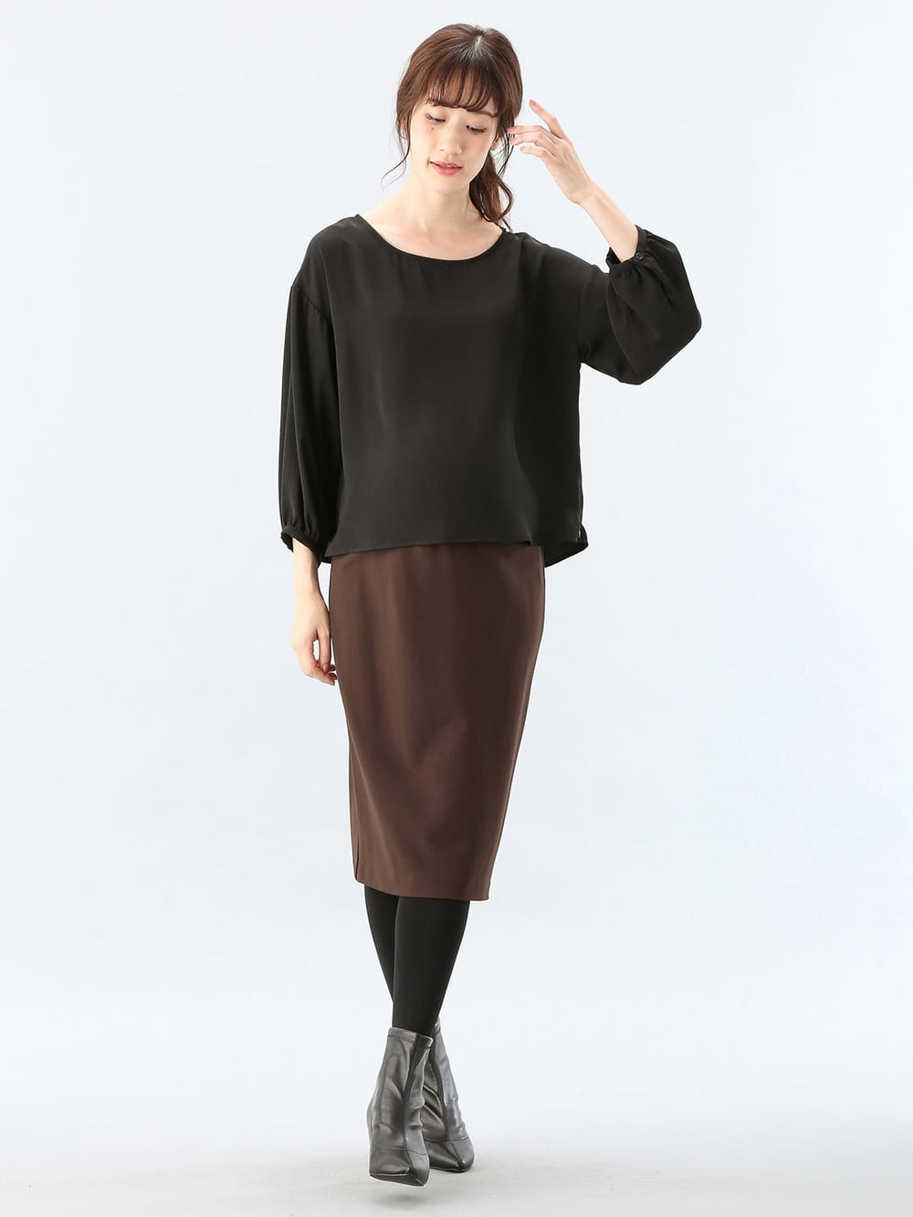 マタニティ スカート|【産前産後対応】フィットタイトスカート(選べるレングス）【出産後も長く使える】|ブラウン(ミモレ丈)