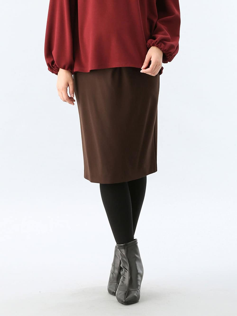 マタニティ スカート|【産前産後対応】フィットタイトスカート(選べるレングス）【出産後も長く使える】|ブラウン(ミドル丈)