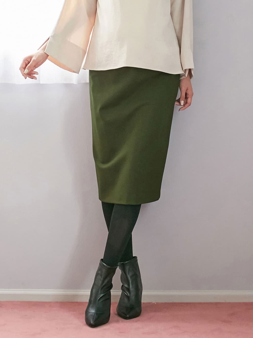 マタニティ スカート|【産前産後対応】フィットタイトスカート(選べるレングス）【出産後も長く使える】|カーキ(ミモレ丈)