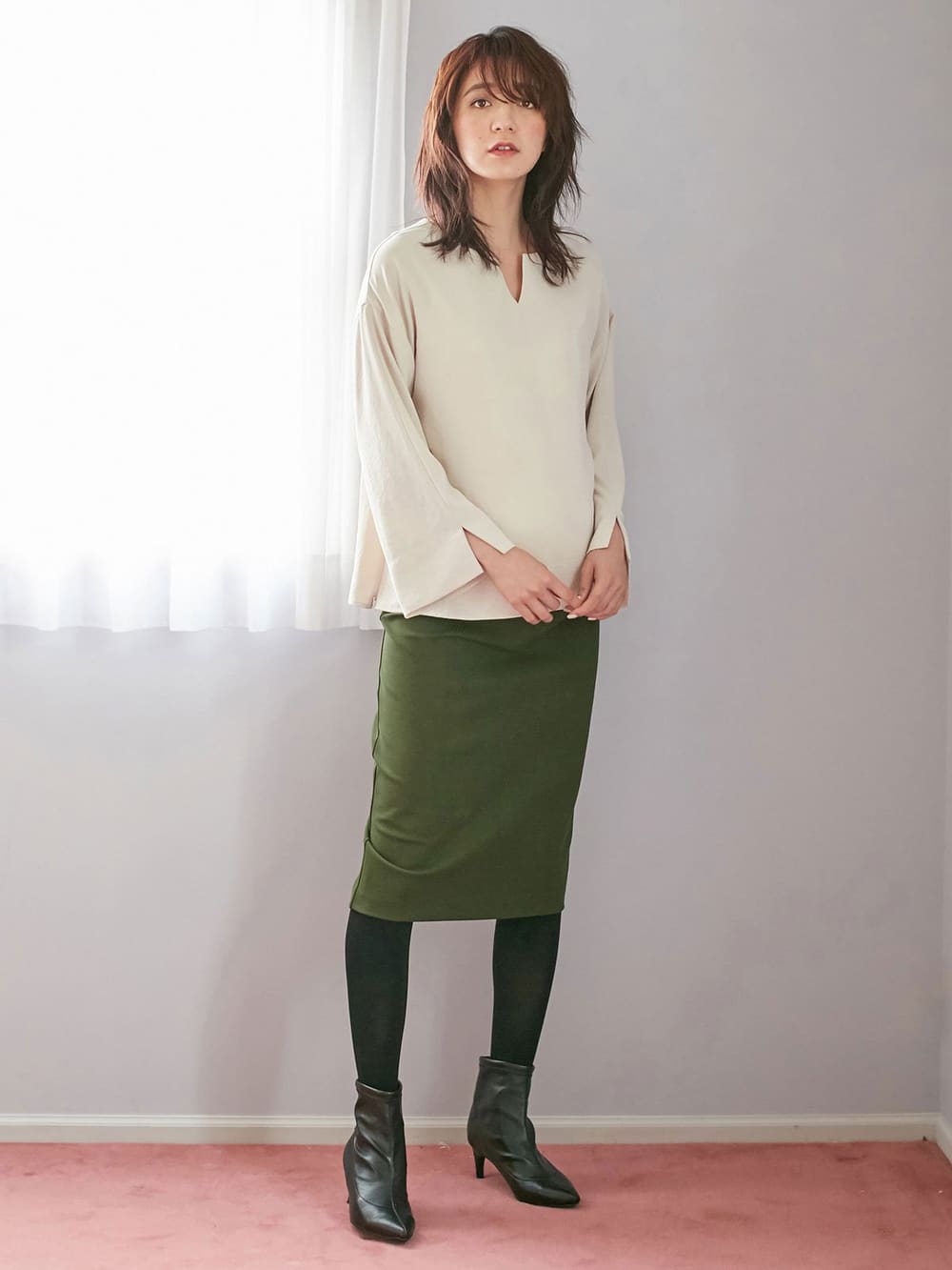 マタニティ スカート|【産前産後対応】フィットタイトスカート(選べるレングス）【出産後も長く使える】|カーキ(ミモレ丈)