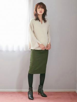 マタニティ スカート|【産前産後対応】フィットタイトスカート(選べるレングス）【出産後も長く使える】|カーキ(ミモレ丈)