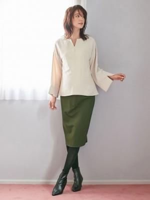 マタニティ スカート|【産前産後対応】フィットタイトスカート(選べるレングス）【出産後も長く使える】|カーキ(ミモレ丈)