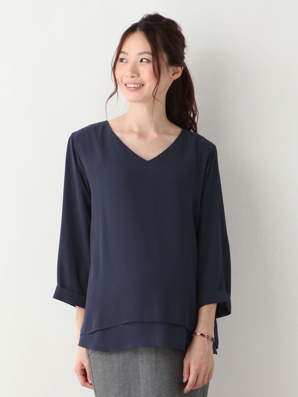 エンジェリーベ 内サイド授乳口あり マタニティー レイヤード ブラウス 袖割れ
