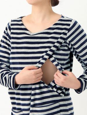 マタニティ パジャマ・ルームウェア|【授乳口付】【産後も使えるパンツ付】カットベロアボーダーマキシワンピパジャマ