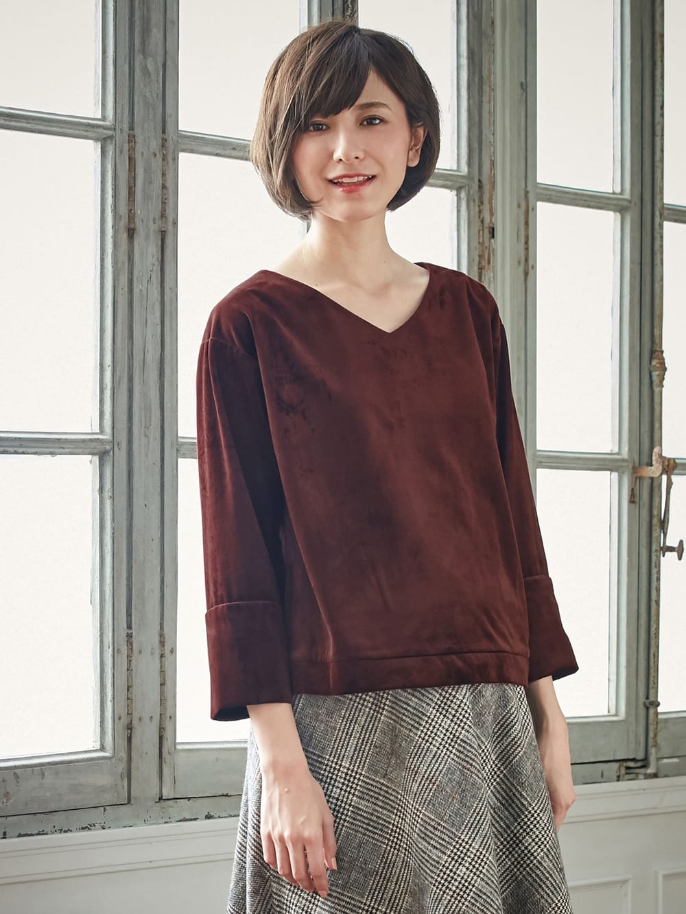 マタニティ トップス|ベロアVネックプルオーバー　マタニティ・授乳服