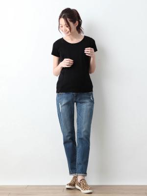 マタニティ トップス|綿混やわらかフライス半袖ラウンドネックTシャツ マタニティ・授乳服【出産後も長く使える】