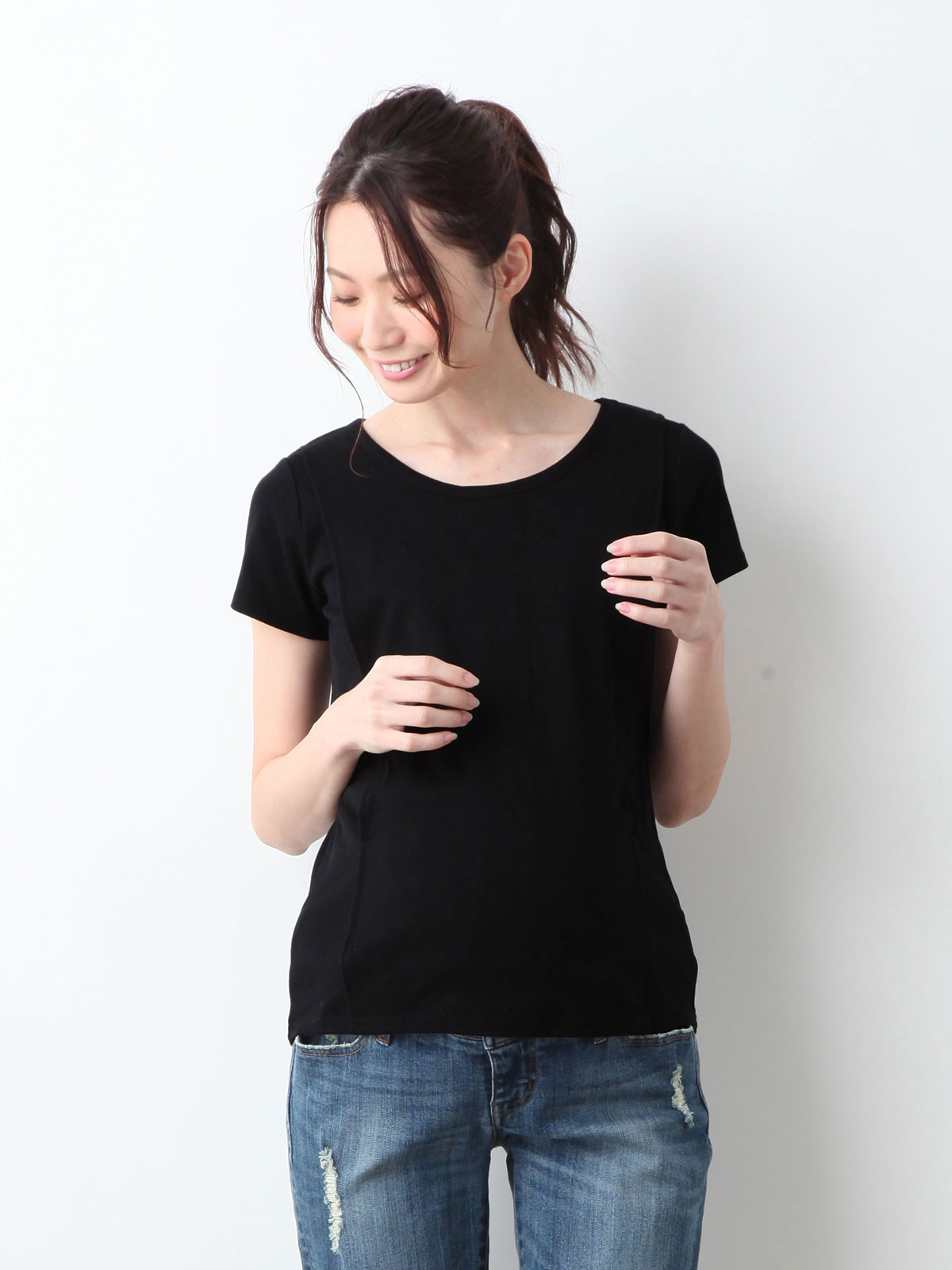 マタニティ トップス|綿混やわらかフライス半袖ラウンドネックTシャツ マタニティ・授乳服【出産後も長く使える】