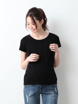 マタニティ トップス|綿混やわらかフライス半袖ラウンドネックTシャツ マタニティ・授乳服【出産後も長く使える】