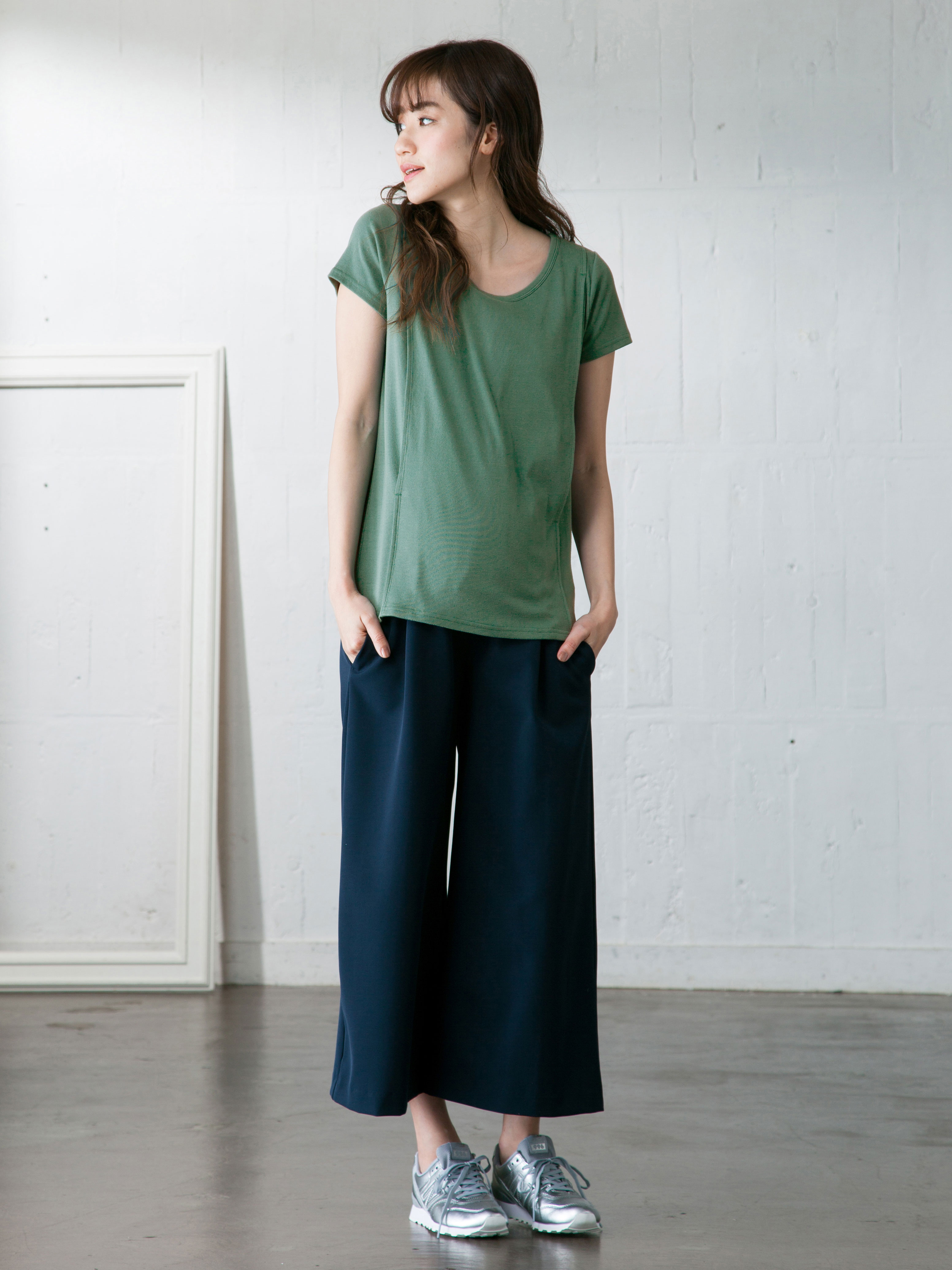 マタニティ トップス|綿混やわらかフライス半袖ラウンドネックTシャツ マタニティ・授乳服【出産後も長く使える】