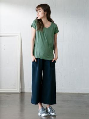 マタニティ トップス|綿混やわらかフライス半袖ラウンドネックTシャツ マタニティ・授乳服【出産後も長く使える】