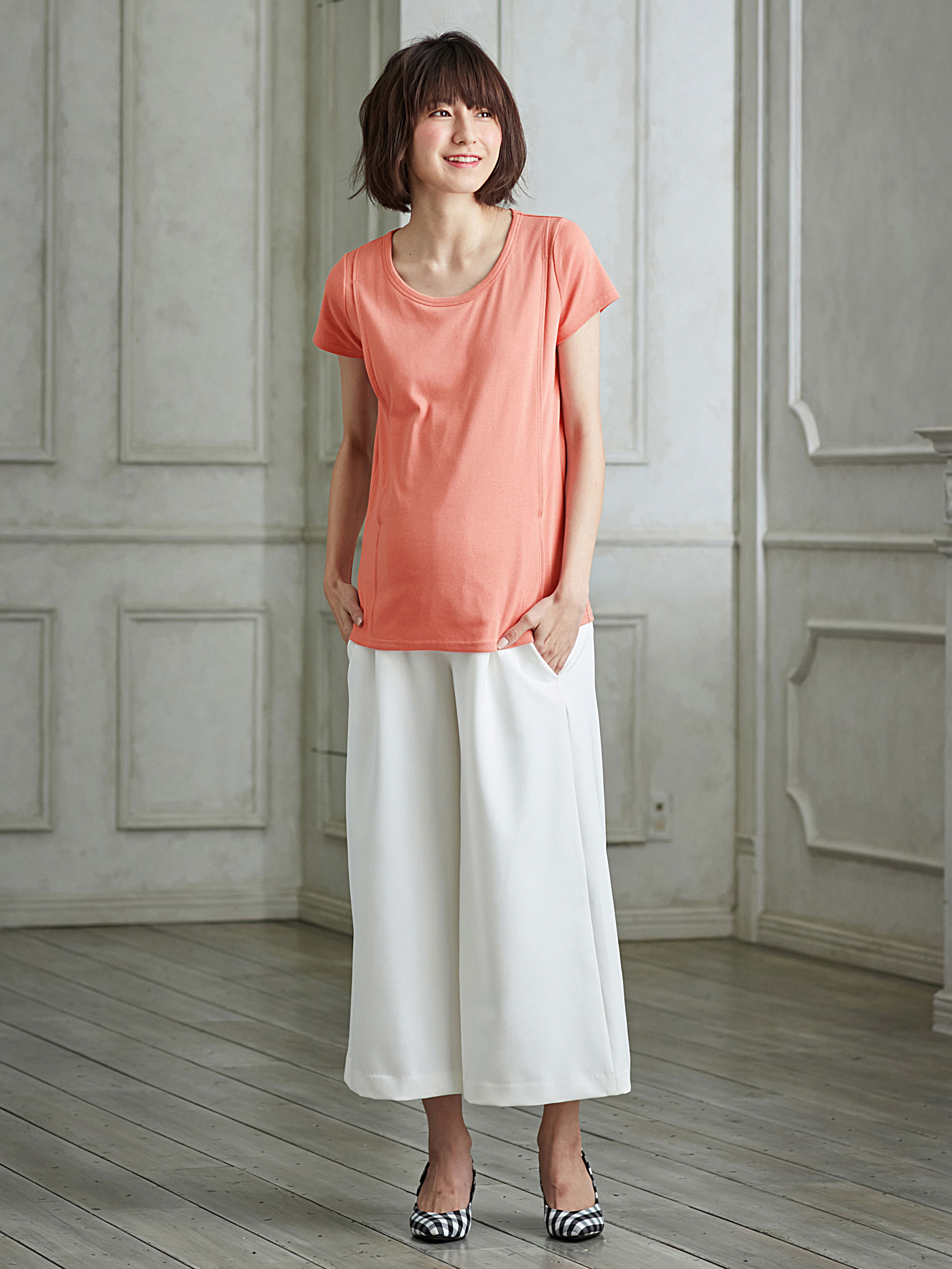 マタニティ トップス|綿混やわらかフライス半袖ラウンドネックTシャツ マタニティ・授乳服【出産後も長く使える】