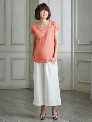 マタニティ トップス|綿混やわらかフライス半袖ラウンドネックTシャツ マタニティ・授乳服【出産後も長く使える】