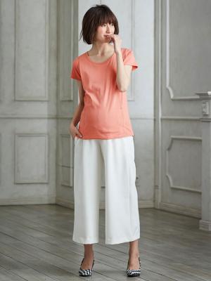 マタニティ トップス|綿混やわらかフライス半袖ラウンドネックTシャツ マタニティ・授乳服【出産後も長く使える】