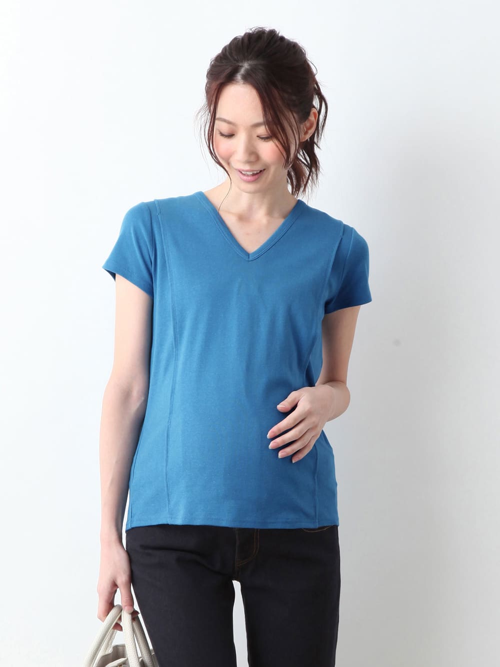 マタニティ トップス|綿混やわらかフライス半袖VネックTシャツ マタニティ・授乳服【出産後も長く使える】