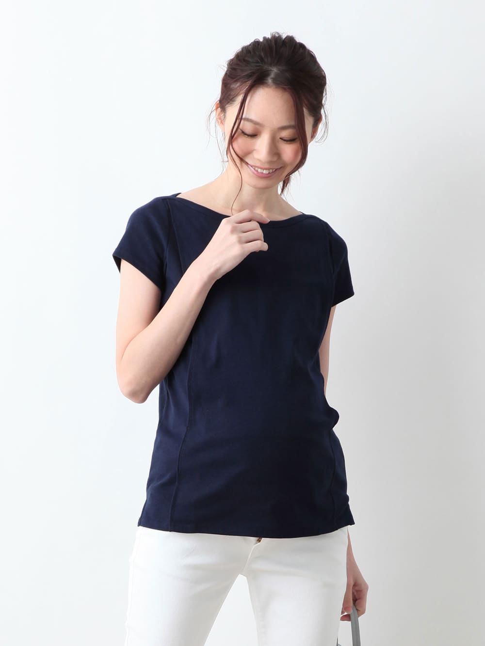 マタニティ トップス|綿混やわらかフライス半袖ボートネックTシャツ マタニティ・授乳服【出産後も長く使える】|ネイビー