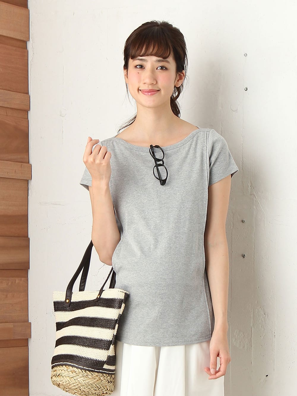 マタニティ トップス|綿混やわらかフライス半袖ボートネックTシャツ マタニティ・授乳服【出産後も長く使える】|杢グレー