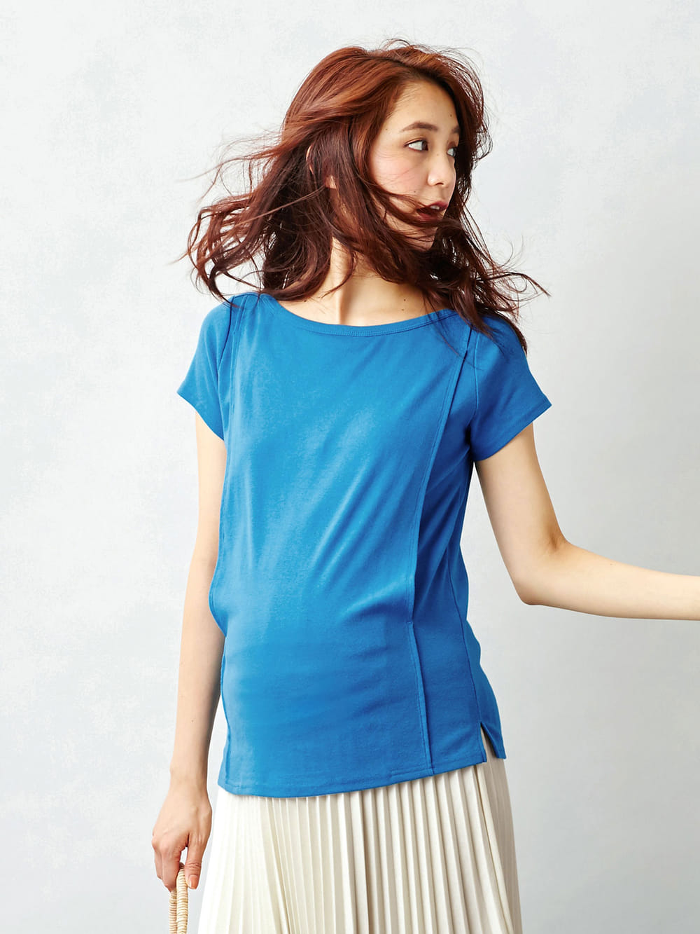 マタニティ トップス|綿混やわらかフライス半袖ボートネックTシャツ マタニティ・授乳服【出産後も長く使える】|ブルー