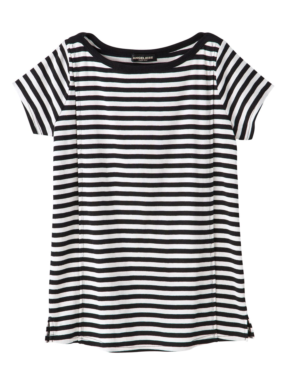 マタニティ トップス|綿混やわらかフライス半袖ボートネックTシャツ マタニティ・授乳服【出産後も長く使える】|ブラック×オフボーダー