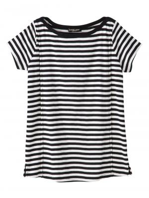 マタニティ トップス|綿混やわらかフライス半袖ボートネックTシャツ マタニティ・授乳服【出産後も長く使える】|ブラック×オフボーダー